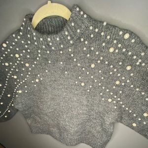 Cropped Pearl-Accented Sweater